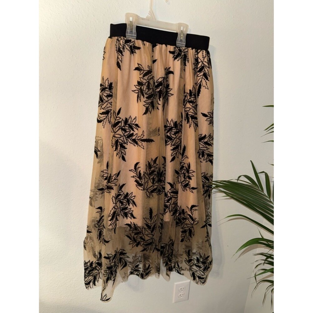 Black Floral Embroidered Nude Midi Skirt with Elastic Waist